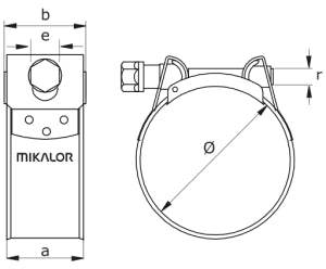drawing of mikalor supra heavy-duty bolt clamp w2 stainless steel