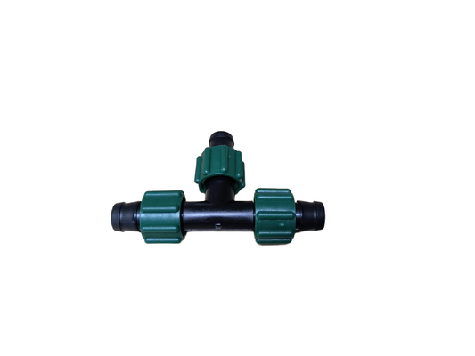 black and green Irritec perma-loc tape tee for drip tape irrigation