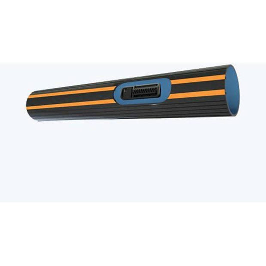 a section of black drip tape with orange stripes for drip irrigation