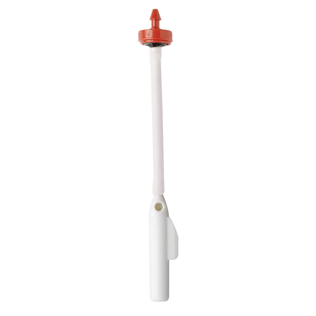 a red and white toothbrush holder on a white background
