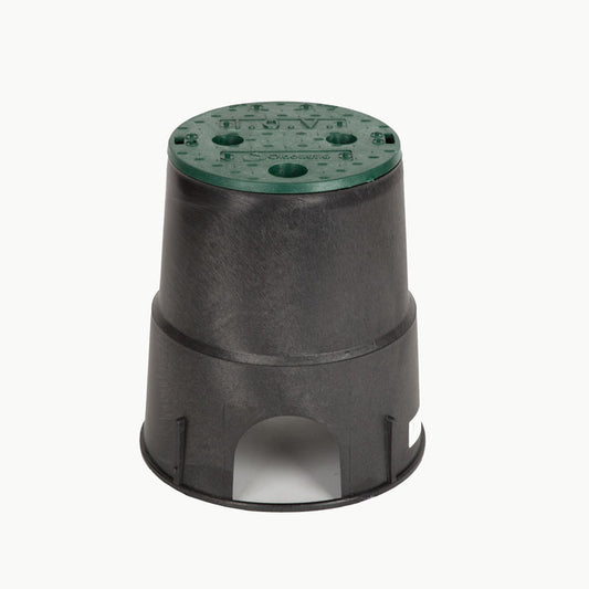 black plastic round box with green lid