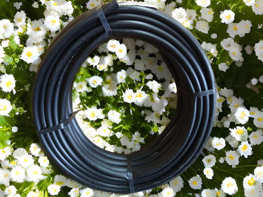 a black hose laying on top of a bunch of white flowers